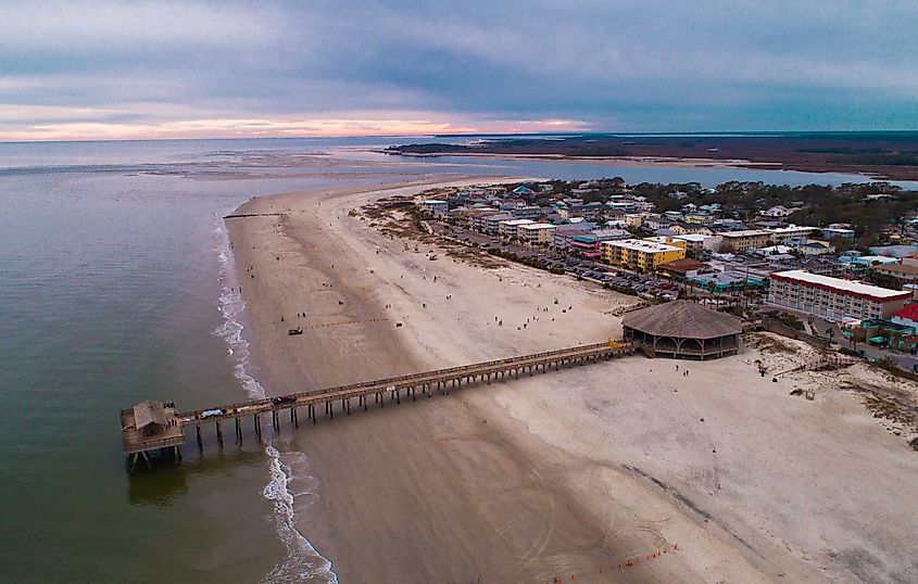 Aerial view of the town and beach at Tybee Island, Georgia.