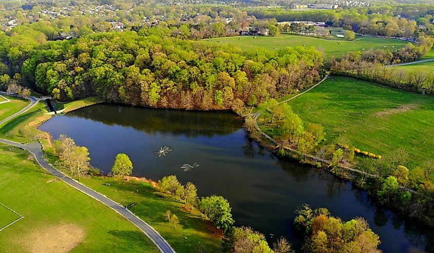 The aerial view of the pond near Carousel Park, Pike Creek, Delaware