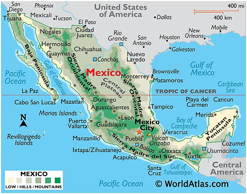 Mapa fizyczna Meksyku pokazująca rzeźbę terenu, główne pasma górskie, Półwysep Jukatan, Półwysep Baja, wulkany, główne miasta, wyspy, granice międzynarodowe i więcej.