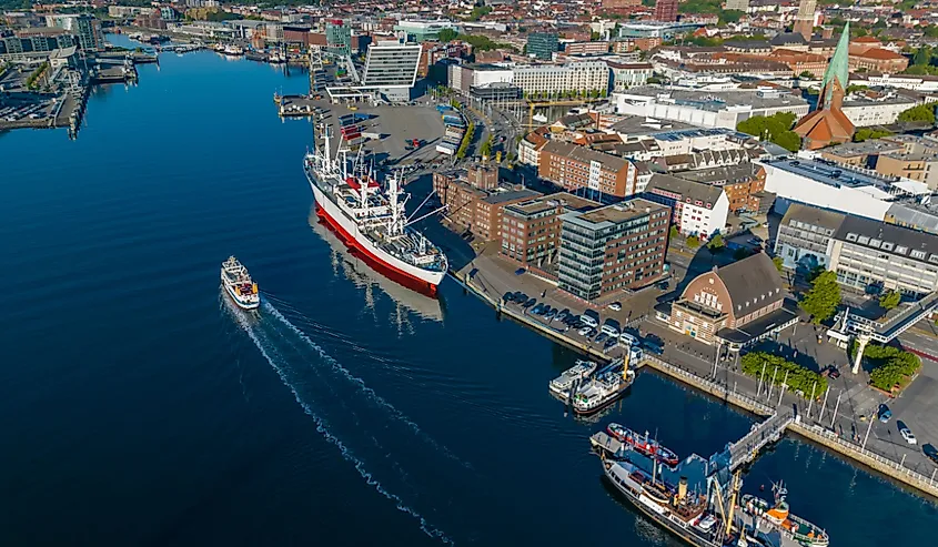 Aerial view of port of Kiel, Schleswig-Holstein, Germany. Aerial view of world's largest museum freight ship moored in Kiel harbor.