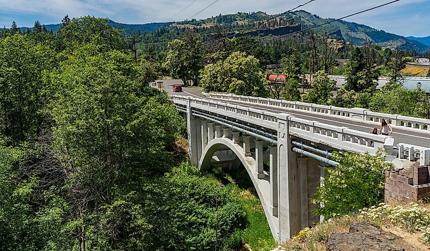 A Mom and Daughter cross the bridge in Mosier