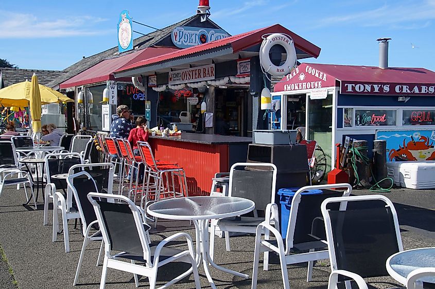 Waterfront seafood restaurant on the shore of Coquille River, Bandon, Oregon