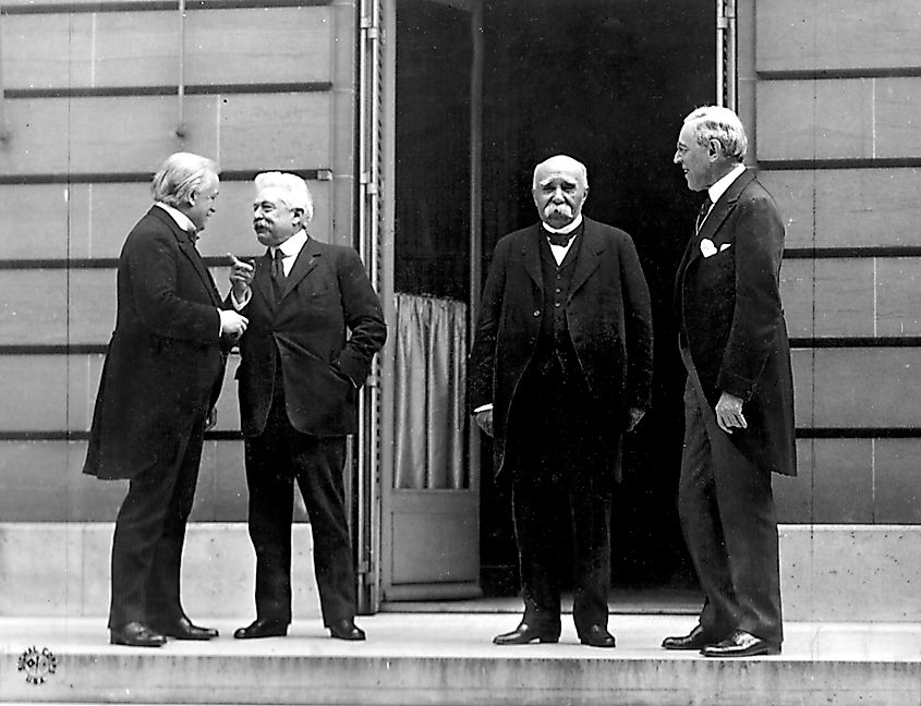 The heads of the "Big Four" nations at the Paris Peace Conference, 27 May 1919. From left to right: David Lloyd George, Vittorio Orlando, Georges Clemenceau, and Woodrow Wilson