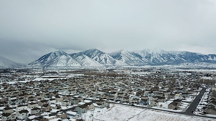 Aerial view of Provo, Utah, during winter