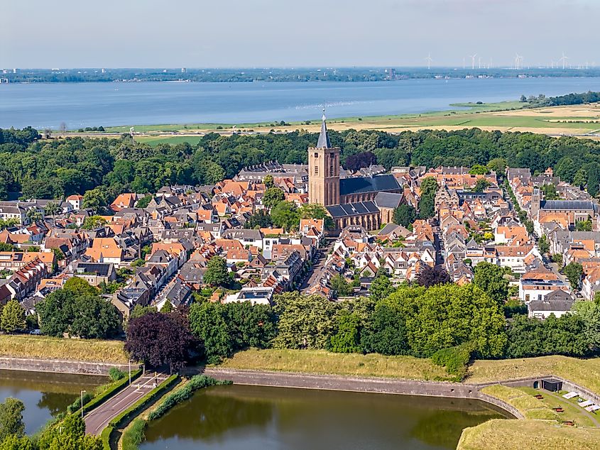 Aerial view of Naarden Vesting with Grote Kerk and surrounding moat in North Holland, Netherlands