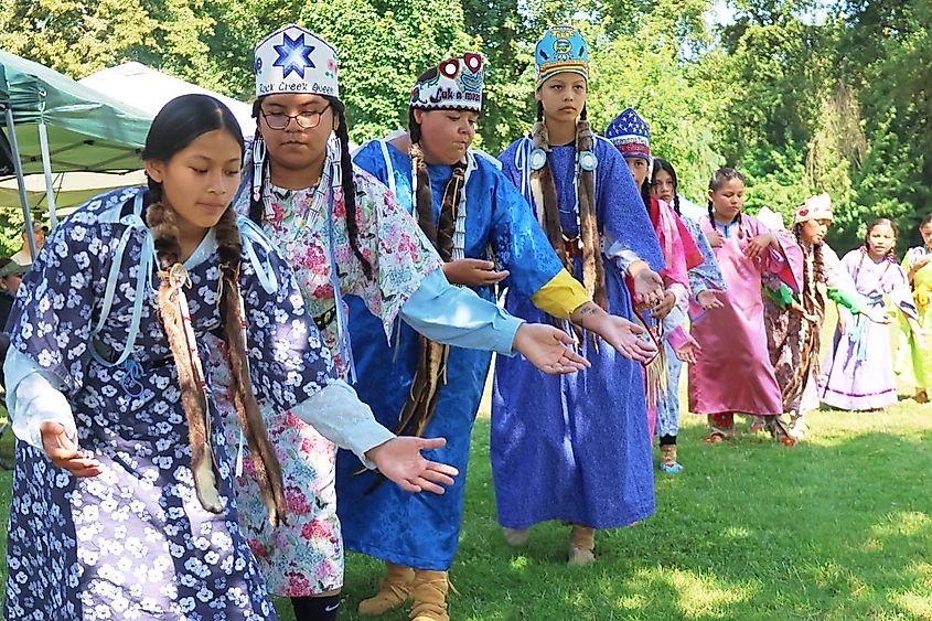 A dance demonstration at the Willamette Falls Lamprey Celebration. Photo credit: Columbia River Inter-Tribal Fish Commission.