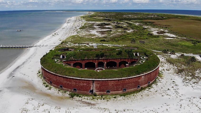 Aerial view of Fort Massachusetts on ship island, Mississippi Gulf Coast.  