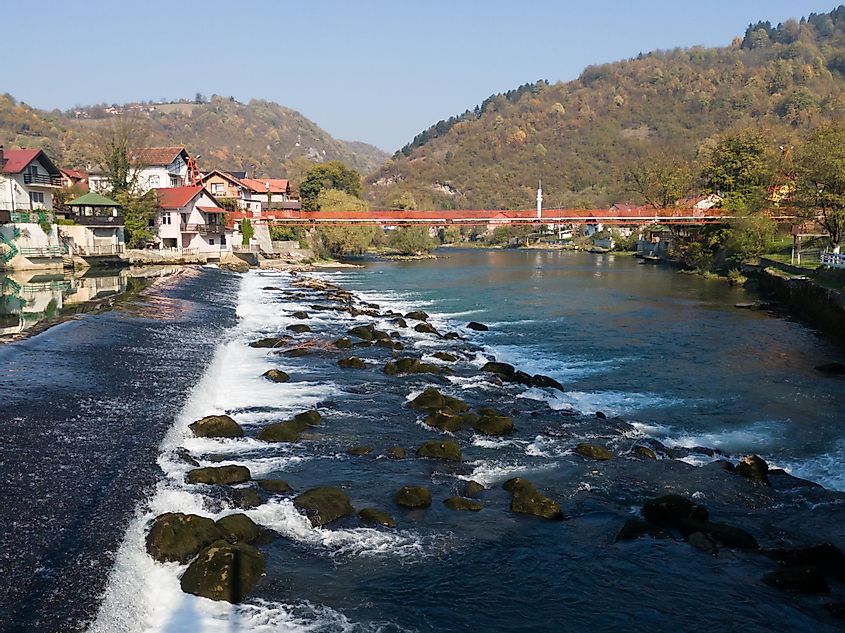 Scenic view of cascades on Vrbas river in Banja Luka during sunny day in autumn.