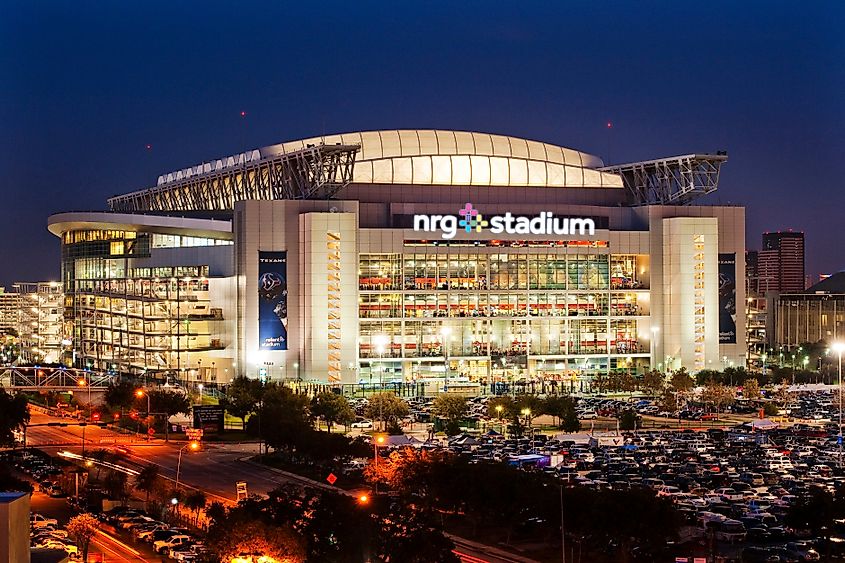 The stadium, then called NRG Stadium, at night in 2024.
