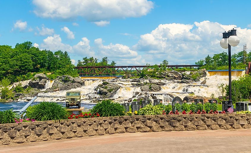 Veterans Memorial Park overlooking Lewiston Falls in Maine.