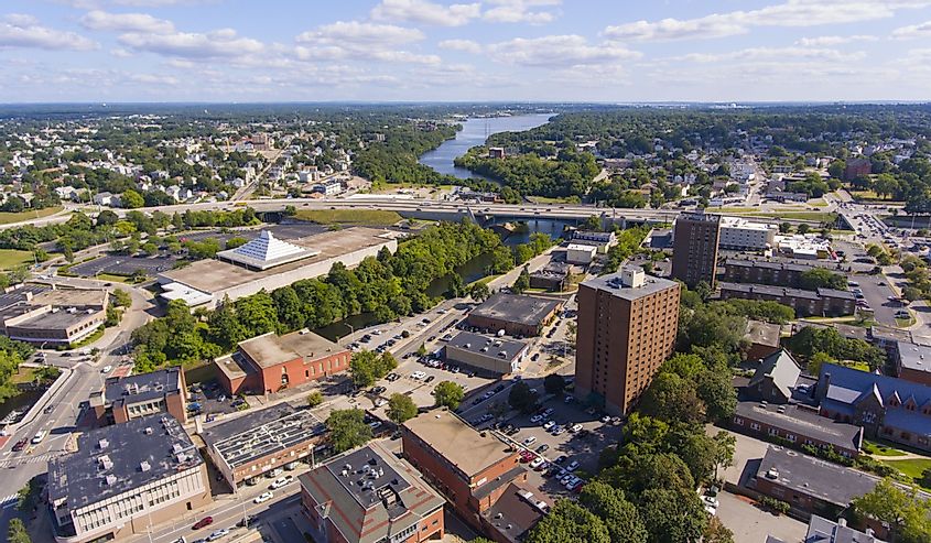 Pawtucket historic city center and Blackstone River aerial view, Pawtucket, Rhode Island