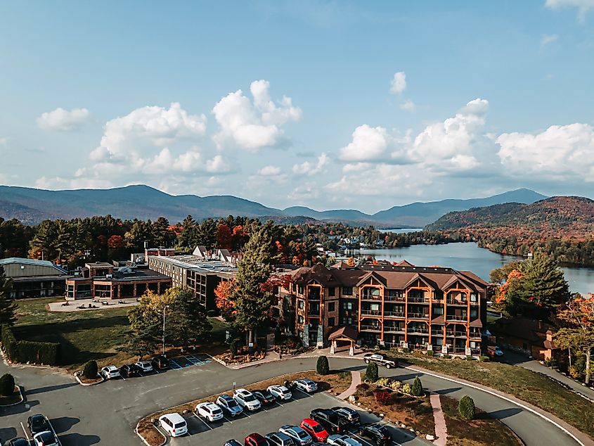 Aerial view of the Crown Plaza Hotel in Lake Placid, New York
