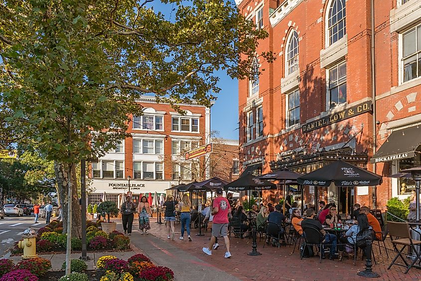 Historic brick facades in downtown Salem, Massachusetts.