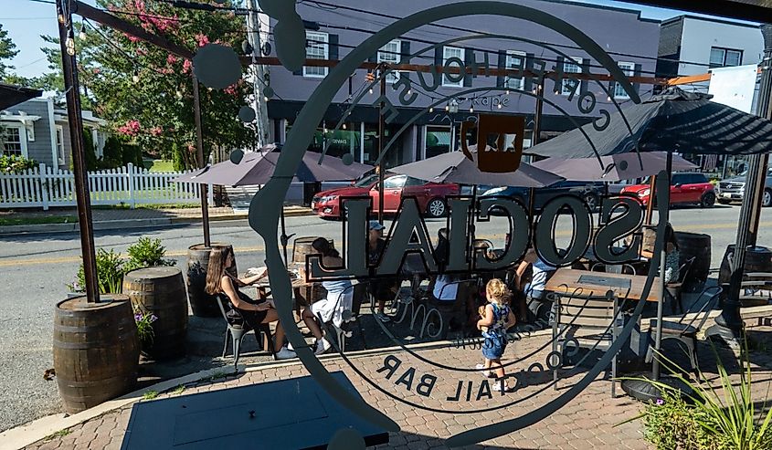 The view on the sidewalk from the window of the Social cafe on Main street in Leonardtown, Maryland.