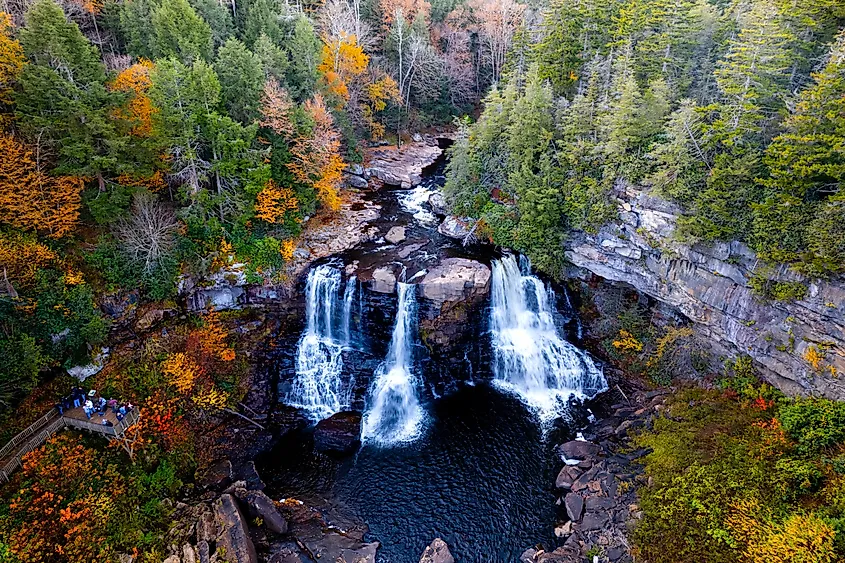 An aerial view of Blackwater Falls in a forest of Davis, West Virginia.