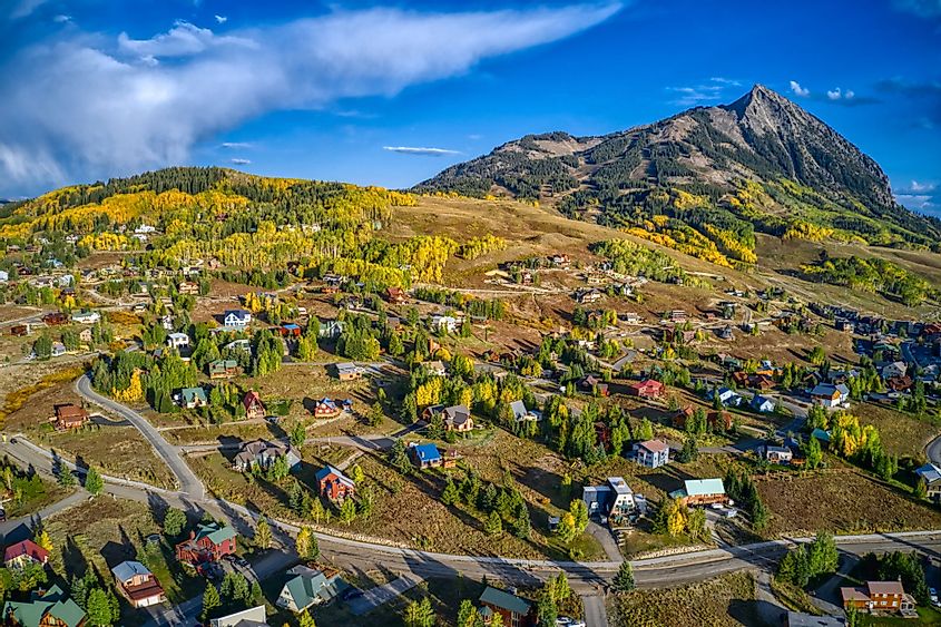 Aerial view of Crested Butte in peak autumn