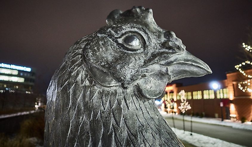 Iowa Blue Urbane Chicken statue on River Walk