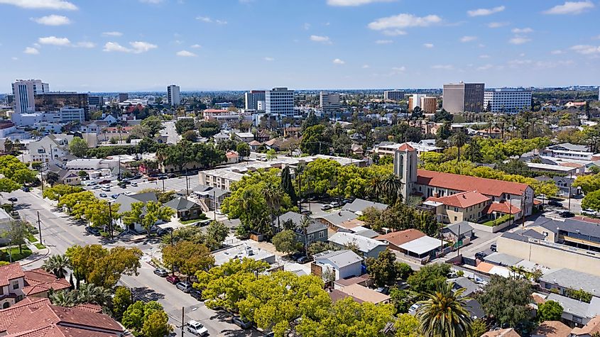 Aerial view of the urban core of downtown Santa Ana, California