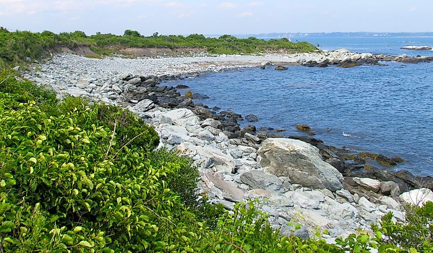 View of the Atlantic coastline at Sachuest Point National Wildlife Refuge in Middletown, Rhode Island.
