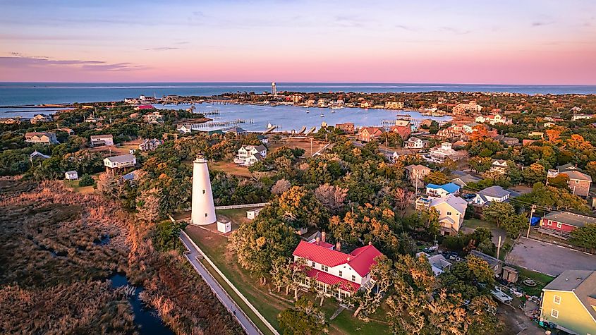 Aerial view of Ocracoke Lighthouse on Ocracoke Island , North Carolina at sunset.