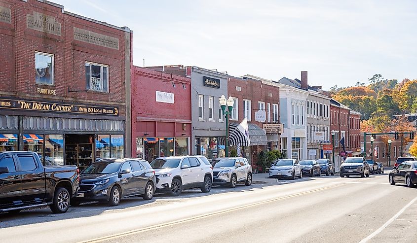Downtown street in Ellsworth, Maine, in the fall.