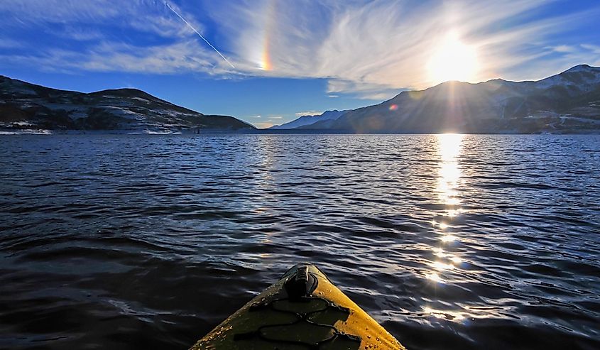 Kayaking at Jordanelle Reservoir during winter.
