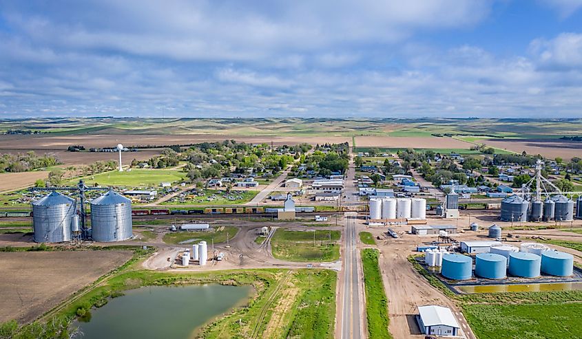 Aerial view of rural town of Brule in Nebraska 