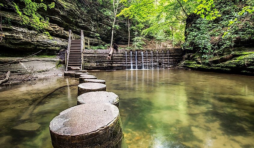 Concrete stepping stones weaving through a canyon in Matthiessen State Park.