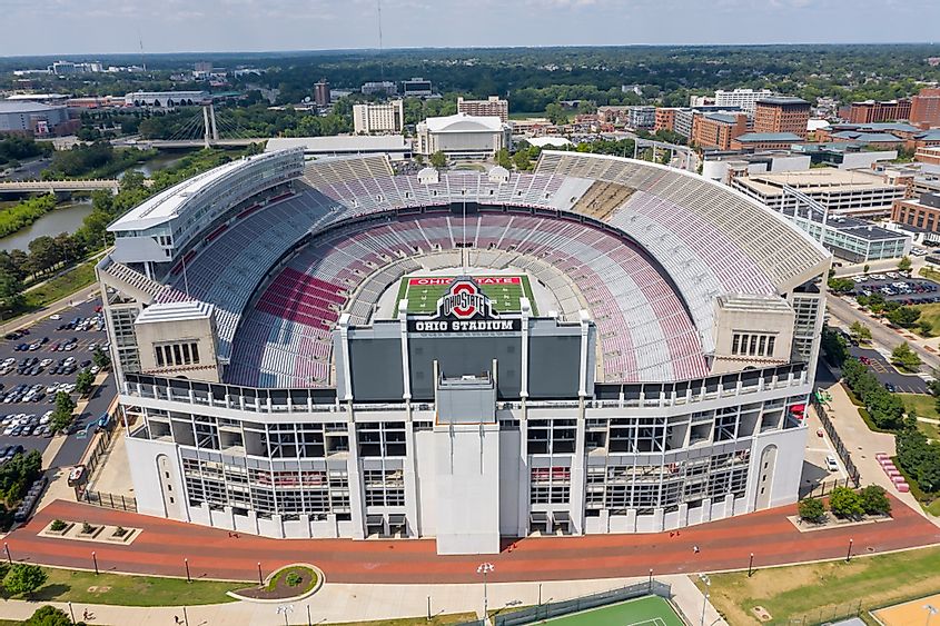 Aerial view of Ohio Stadium, also known as the Horseshoe, the Shoe, is an American football stadium in Columbus, Ohio