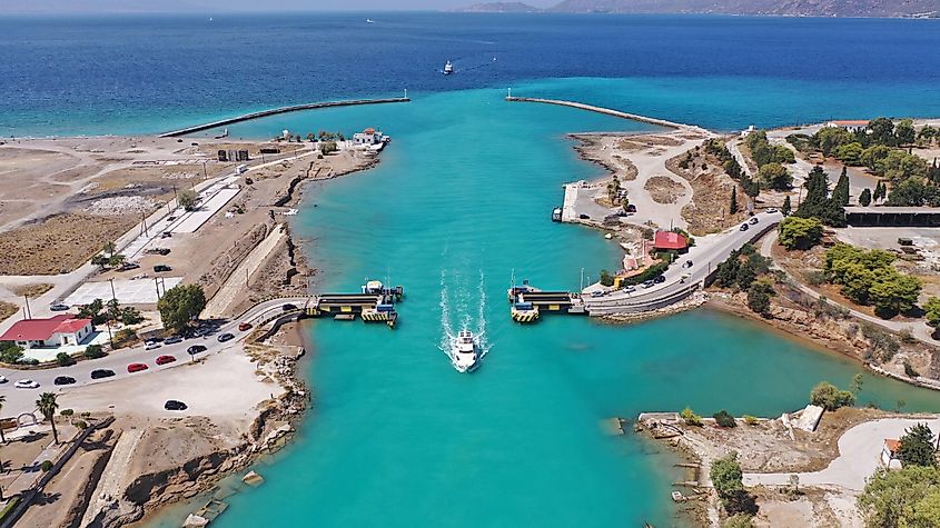 Aerial drone photo of narrow Corinth canal of Isthmus