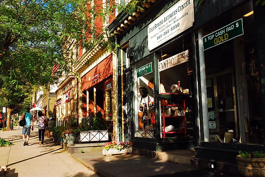 People walk along the main shopping district of Cold Spring, New York