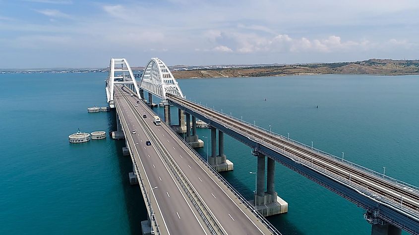 Top view of the Crimean Bridge across the Kerch Strait in Russia.