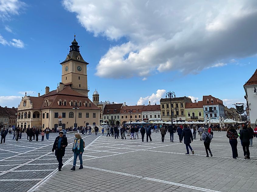 A popular plaza in the medieval town of Brasov, Romania. 