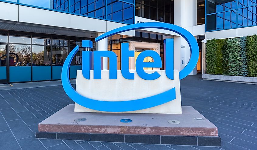 Close up of Intel sign at entrance of The Intel Museum in Silicon Valley, Santa Clara, California