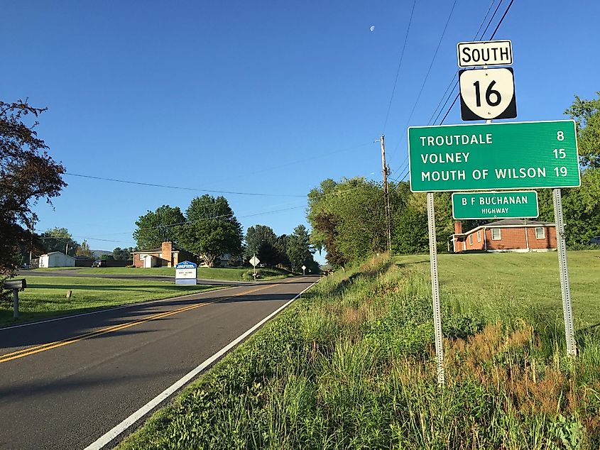 View south along Virginia State Route 16 between Bonham Drive and Megan Lane in Sugar Grove, Smyth County, Virginia In Wikipedia. https://commons.wikimedia.org/wiki/File:2017-05-16_07_31_49_View_south_along_Virginia_State_Route_16_(B_F_Buchanan_Highway-Sugar_Grove_Highway)_between_Bonham_Drive_and_Megan_Lane_in_Sugar_Grove,_Smyth_County,_Virginia.jpg 