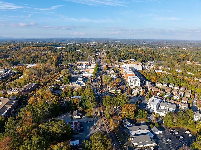 Aerial view of Main Street in downtown Woodstock, Georgia.