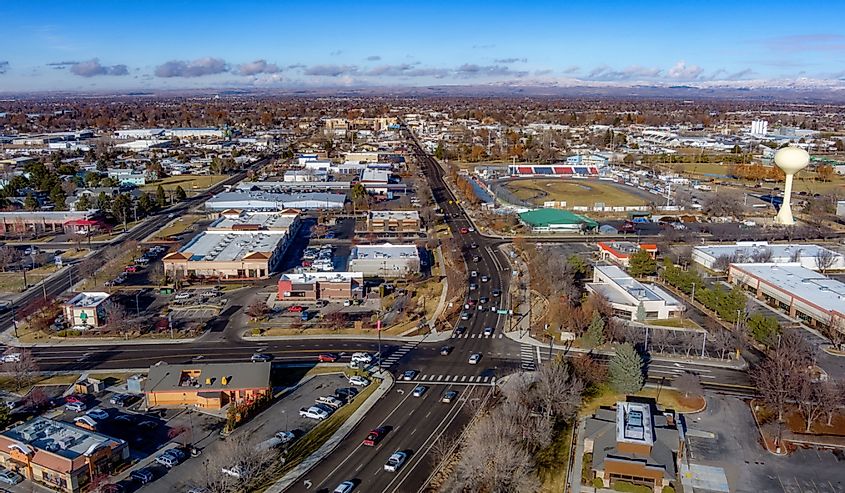 Aerial view of Main street leads through the little town of Meridian, Idaho.