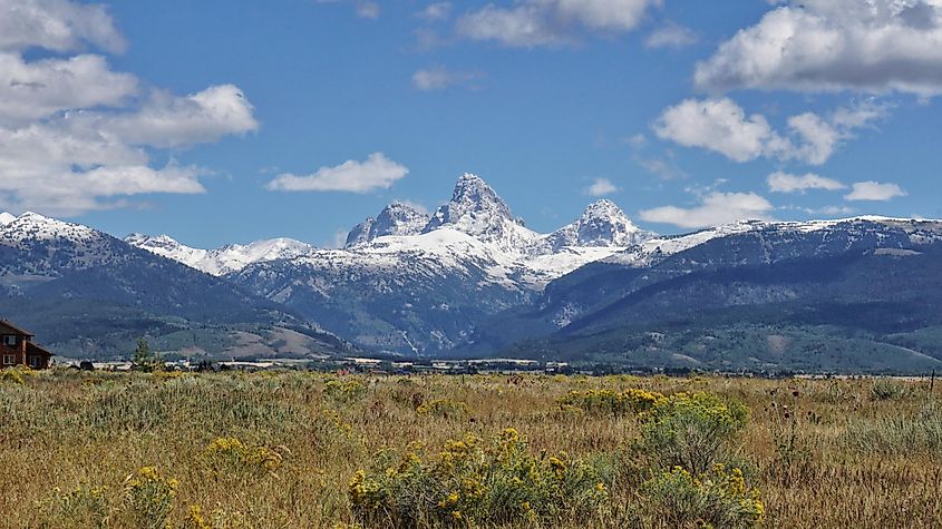 Majestic snow-capped Grand Tetons seen from Driggs, Idaho.