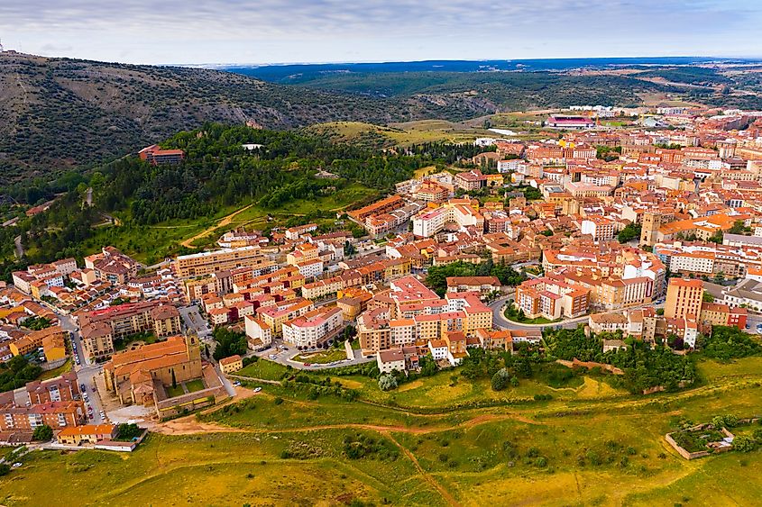 Panoramic view from the drone on the city Soria. Spain