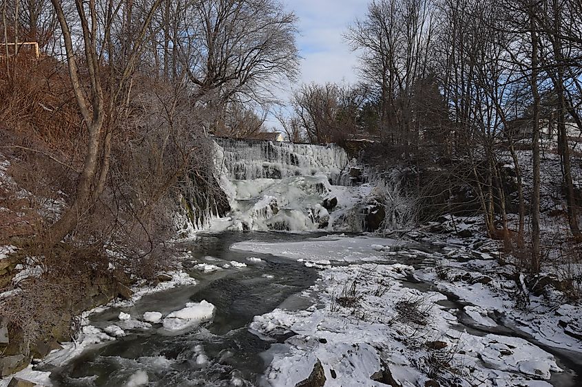 Wintry waterfall in Waterbury.