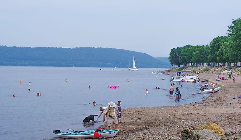 Sandy beach shoreline of Lake Pepin - Lake that is part of the Mississippi River in Minnesota / Wisconsin