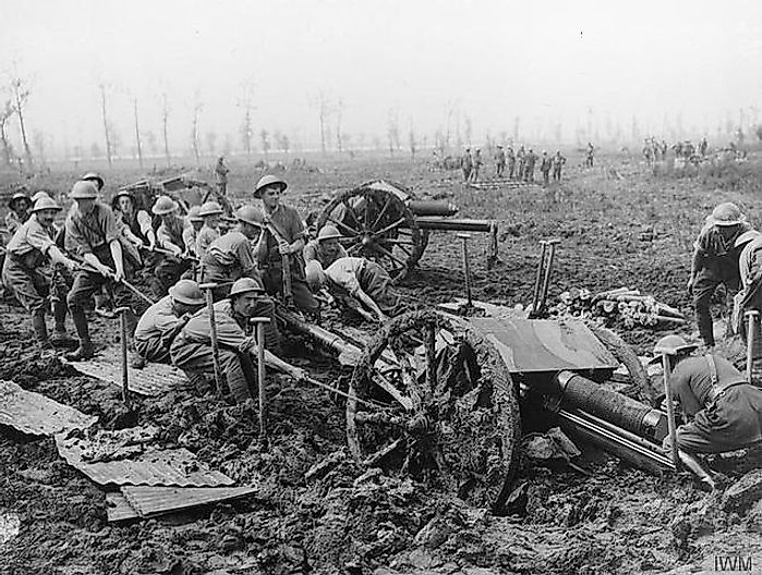 Royal Field Artillery gunners hauling an 18-pounder field gun out of the mud near Zillebeke, 9 August 1917