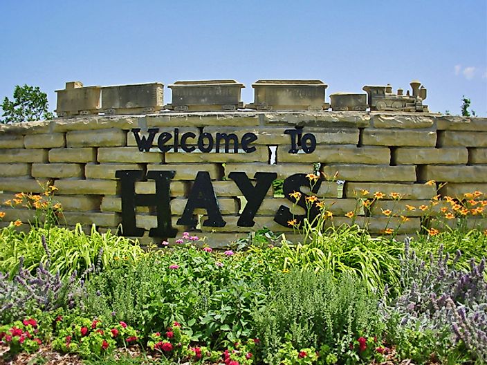 Stone work signs that greets visitors coming to the City of Hays, KS. Artwork by Pete Felten
