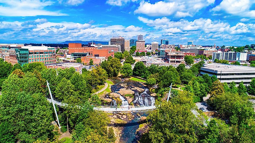 Falls Park and Liberty Bridge Panorama in Greenville, South Carolina