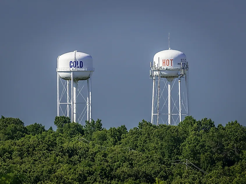 the city of St. Clair, MO must have sense of humor to label their twin water towers. Credit: Dave Adams Images/Shutterstock.com