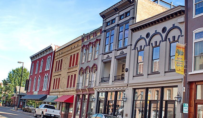 Row of colorful, historic buildings on the main street in the downtown area of Paducah
