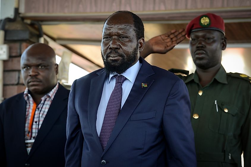 South Sudan President Salva Kiir stands at attention at the grave of Dr. John Garang at Dr. John Garang Memorial in Juba on July 9, 2016