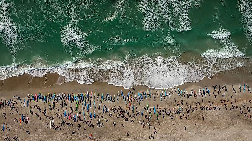 Aerial view of a paddleboard race at Wrightsville Beach, North Carolina