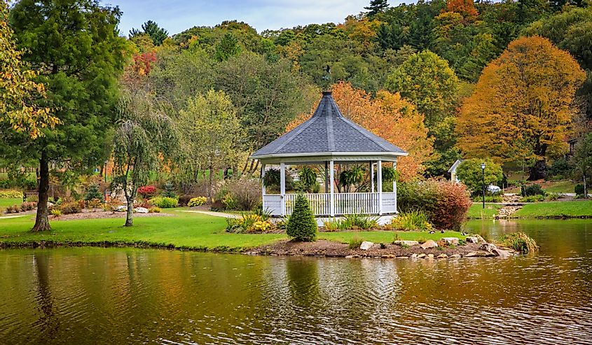 Autumn view of Broyhill Park and Mayview Lake in downtown Blowing Rock, North Carolina.