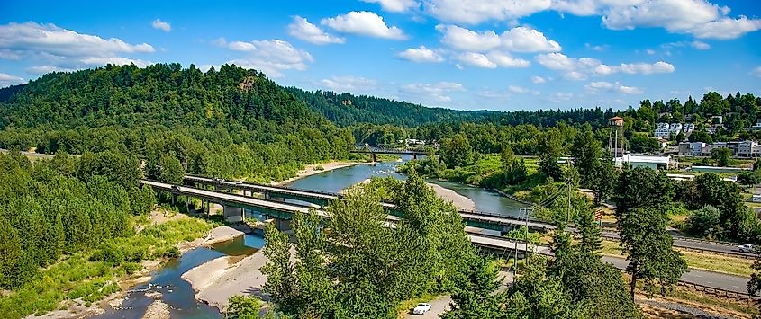A panorama Aerial photo of the Highway I-84 bridge over the Sandy river just east of Portland, Oregon.